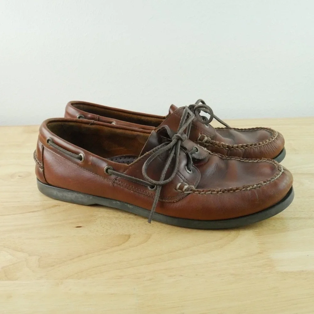 LL Bean Mens Brown Leather Boat Shoes Moc Toe Loafers Size 12 D Heritage Preppy